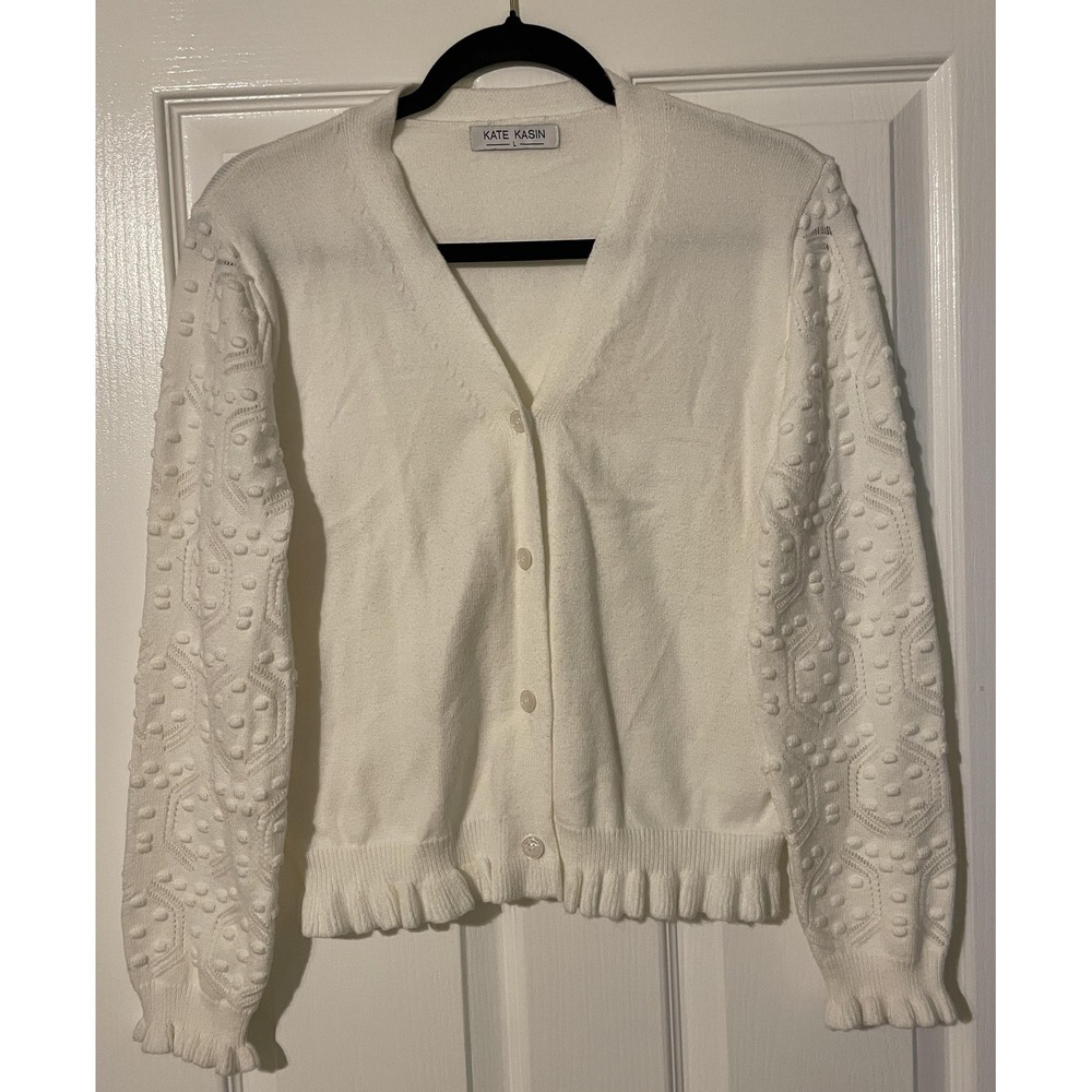 Kate Kasin Cardigan Sweater Womens L White V Neck Ruffle Hem Bobble Sleeve Knit
